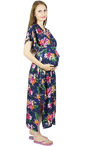 Bimba Maternity Kaftan With Belt Rayon Nursing Night Gown, Front & Back Buttons Blue #TOP4