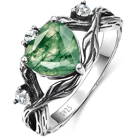 JIARUI Moss Agate Ring for Women 925 Sterling Silver Heart Cut Birthstone Ring Western Boho Gemstone Ring Jewelry Gift for Anniversary Birthday Fit Size 5 Cover