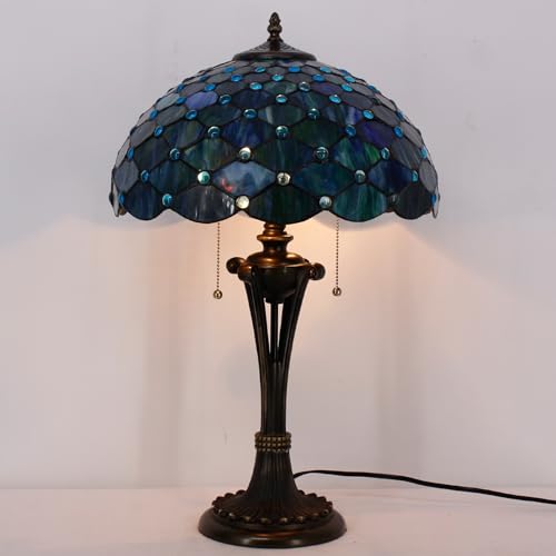 Image of 16 Inch Tiffany Stained Glass Lamp Shade Replacement Only(Blue Beads) | Fit For Table Lamps FLoor Lamp Ceiling Fixture Pendant Hanging Light Home Office Decoration