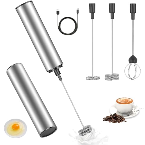 Espumador de leche eléctrico, Espumador Leche Electrico con 3 Tipos Cabezales, Batidora de Leche Portátil, Recargable Batidora de Leche, Batidor de Leche para Café, Lattes, Cappuccino, Matcha