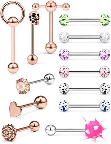 Hoeudjo 13Pcs 14G Surgical Steel Tongue Rings Teaser Double Barbell with Slave Ring Body Piercing Jewelry for Women Men 16mm Rose Gold Heart Diamond Flower