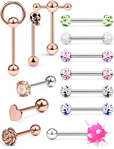 Hoeudjo 13Pcs 14G Surgical Steel Tongue Rings Teaser Double Barbell With Slave Ring Body Piercing Jewelry For Women Men 16Mm Rose Gold Heart Diamond Flower #TOP6