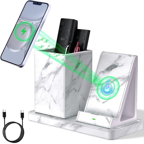 LADSTAG Multi-Functional Pencil Holder for Desk,marble Vegan Leather Organizers with Remote Control...