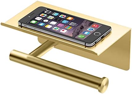 Gatco 1420B Latitude II Toilet Paper Holder with Mobile Shelf, Brushed Brass/Wall Mounted 7" Toilet Tissue Holder with Cell Phone Storage Shelf for Bathroom