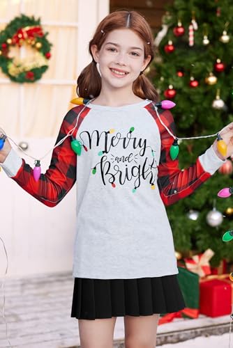 Image of BesserBay Girl's Christmas Buffalo Plaid Raglan Top Funny Holiday Graphic Shirt 4-14 Years