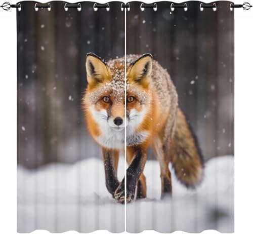 Cortinas Opacas Zorro Cortinas Térmicas Aislantes con Ojales 2 Piezas 3D Escena de Nieve Cortina Blackout para Ventanas Pequeñas Dormitorio Infantil 2X 75x166 cm A/3535