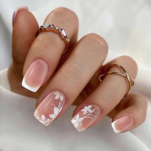 LPOODDNU Short Square Fake Nails Spring Flower Press on Nails Glossy White False Nail Tips with White Flower Designs Short Acrylic Nails Full Cover Glue on Nails Stick on Nails for Women Manicure