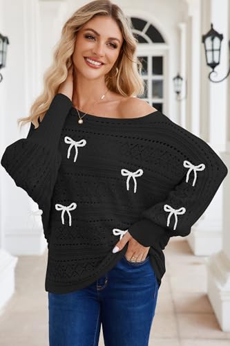 Image of Cakulo Womens Off Shoulder Crochet Sweater Top 2025 Fall Fashion Batwing Long Sleeve Sweaters Outfits Bow Black XL