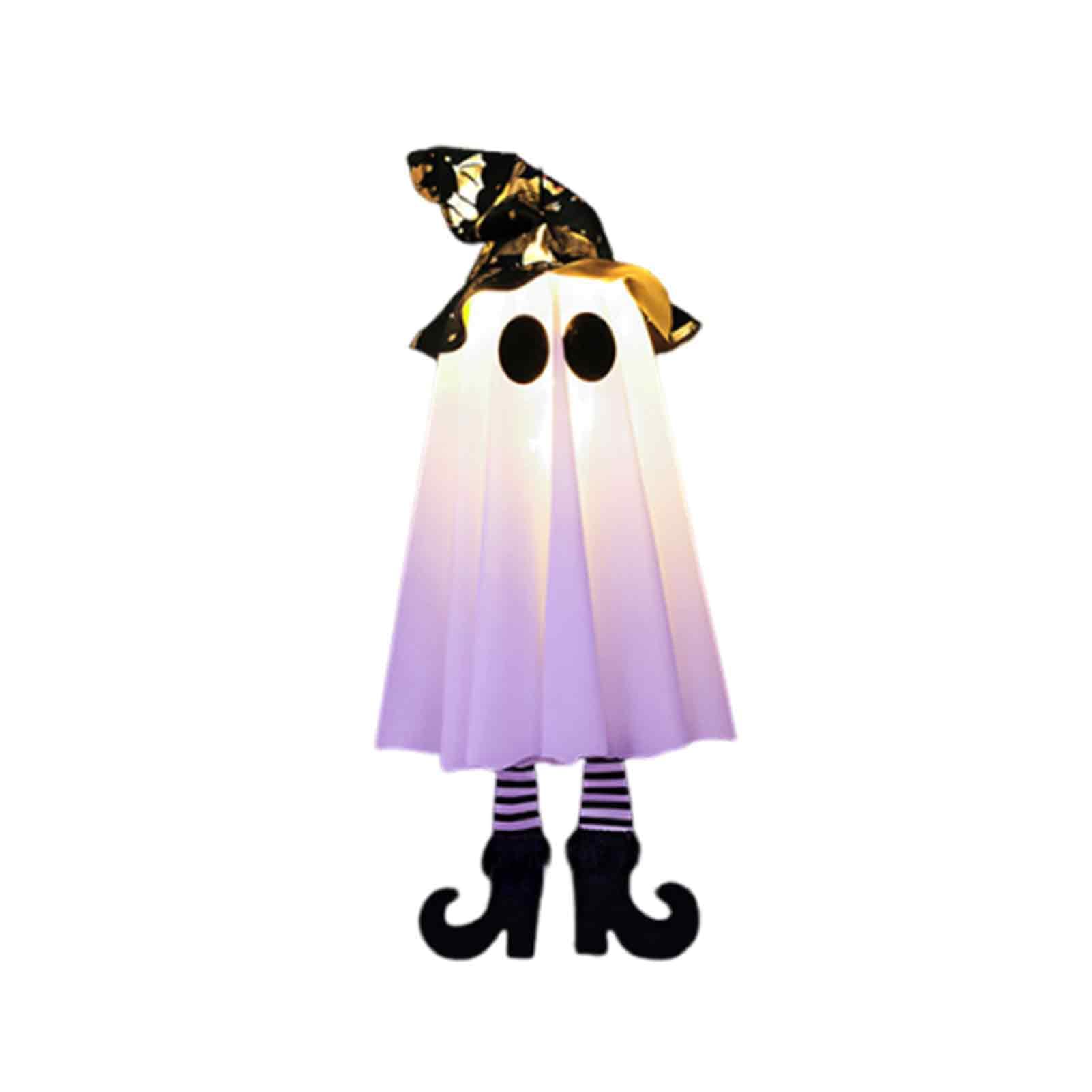 Tuxoiou Halloween Hanging Ghost Decoration, LED Lighted Spooky Ghost with Witch Hat & Legs, Indoor Outdoor Porch Tree Decor Black Gold White