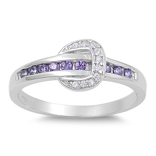 CloseoutWarehouse Simulated Amethyst Cubic Zirconia Belt Buckle of Loyalty Ring Sterling Silver (Color Options, Sizes 4-10)
