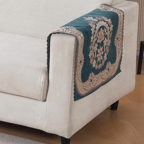 Image of HOKIPO Shahi Teal Premium Chenille Jacquard Sofa Armrest Cover - 1 Pair | 'Royal Aangan Series' (IN-1006-L2*2)