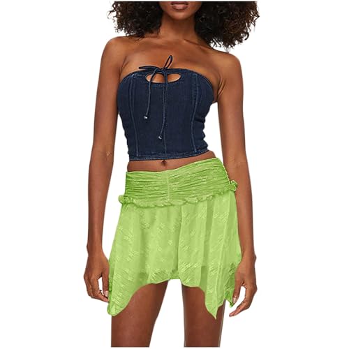 Womens Fairy Half Slip Skirts Low Rise Lace Y2k Pleated Ruffle Mini Short Skirt Flowy Asymmetrical Tiered Underskirt Green