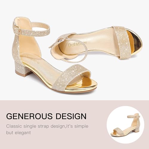 Image of Dufannie Girls Sandals Low Heels Dress Pump Ankle Strap Open Toe Flower Girl Wedding Party for Toddler Little Big Kid