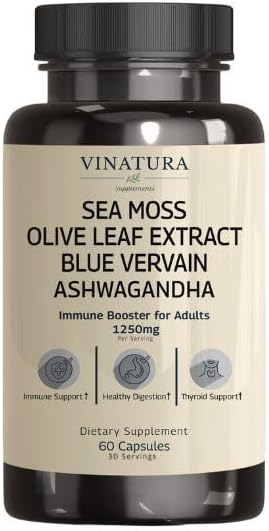 VINATURA Organic Sea Moss, Blue Vervain - with Black Seed Oil, Ashwagandha, Ginger, Burdock Root Capsules - 1250mg per Serving, *USA Made &Tested* Immune Booster for Adults
