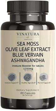 VINATURA Organic Sea Moss, Blue Vervain - with Black Seed Oil, Ashwagandha, Ginger, Burdock Root Capsules - 1250mg per Serving, Immune Booster for Adults