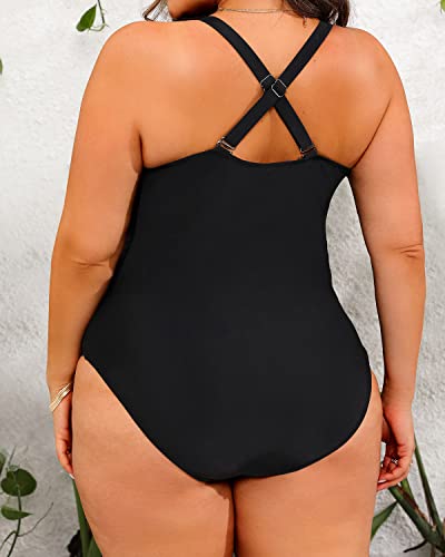 Aqua Eve Women Plus Size One Piece Swimsuits V Neck Tummy Control Bathing Suits Front Cross Swimwear Black 12W #TOP4