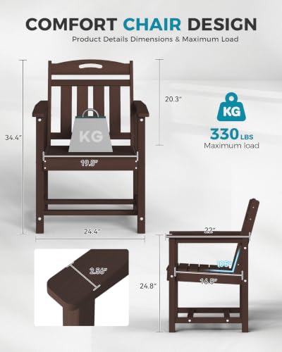 Image of Ciokea Outdoor Patio Dining Chair, HDPE Oversized Porch Chairs with Wide Seat, All-Weather Durable Heavy-Duty Outdoor Furniture for Backyard, Poolside, Lawn & Garden, Brown