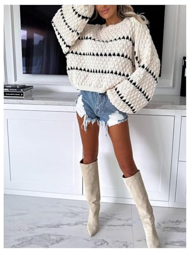 Women's Striped Drop Shoulder Sweater Crew Neck Long Sleeve Oversize Pullover Sweater Knit Tops3