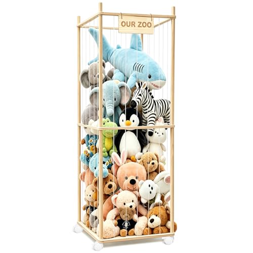 Image of Stuffed Animal Storage, Wood Stuffed Animal Zoo Storage with Brake Wheels, Space Save Toy Organizer, Large Capacity Stuffed Animal Holder, Perfect for Nursery Playroom Kidroom Bedroom-62.6 Inch