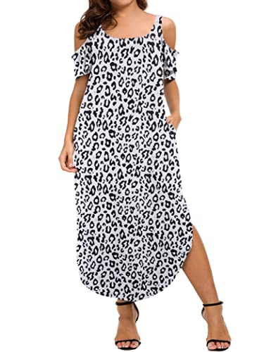Gxlu Women's Plus Size Summer Casual Loose Split Maxi Dress Cold Shoulder Short Sleeve Long Dresses With Pockets Black Leopard Print 2X #TOP1