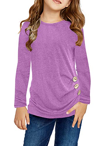 Image of Girls Casual Long Sleeve Color Block Pullover Top Stripe Button Crewneck Loose Tunic T-Shirts Blouse Size 4-13 Year