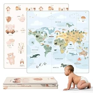 HuBorns - Spielmatte Baby Faltbar 200x180 cm und Wendbar, Krabbelmatte Baby Schadstofffrei mit CE Zertifikat, Play Mat XXL Gepolstert, Spielmatte rutschfest und Wasserdicht (Weltkarte)