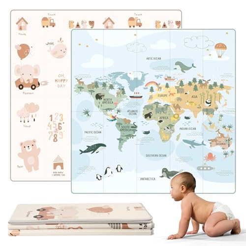 HuBorns - Tapis Bebe Pliable 200x180, Tapis d'Eveil Bebe Reversible avec Bord Renforcé pour Plus Sécurité, Tapis de Jeux Bebe Epais avec Protection Anti-Chute, Tapis...