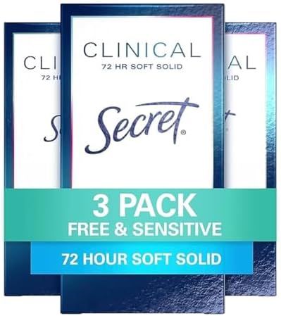 Secret Clinical Strength Antiperspirant Deodorant for Women, Free & Sensitive, 3X Stress Protection, 72hr Sweat & Odor Protection, PH Balancing Minerals, Soft Solid, Unscented, 1.6 oz (Pack of 3)