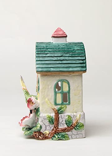 Fine Ceramic Hummingbird With Pink Wild Rose Birdhouse Tea Light Candle Holder Figurine, 6-1/8" H #TOP4