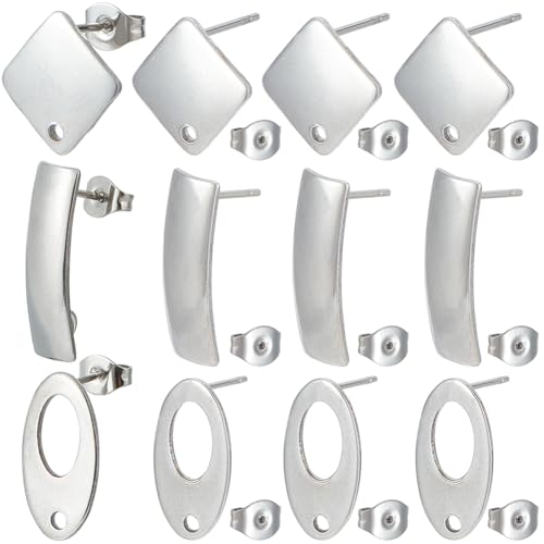 SUNNYCLUE 72Pcs Geometric Earring Posts Stainless Steel Earrings Post Findings Flat Square Rhombus Oval Silver Ear Backs Stud Supplies with Hole for DIY Ears jewellery Making Crafting Accessories