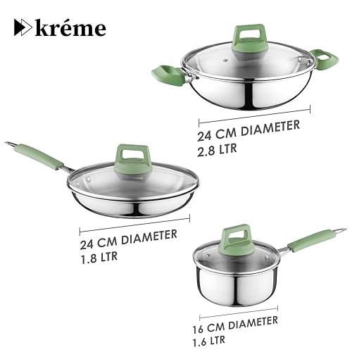 Image of Kreme Platina Triply Stainless Steel Cookware Set of 6 Pcs - Kadai 24cm /2.8L, Frypan 24cm /1.8L and Saucepan 16cm /1.6L with Glass Lid, Induction & Gas Use