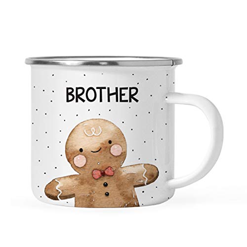 Andaz Press 11oz. Stainless Steel Campfire Coffee Mug Gag Gift, Watercolor Gingerbread Boy, Brother, 1-Pack, Enamel Metal Camping Cup Christmas Holiday Hot Chocolate Cup Present Ideas for Kids Him