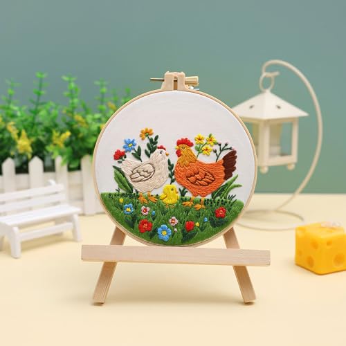 Image of Louise Maelys 3 Packs Chicken Embroidery Kit for Beginners, Cross Stitch Kits for Adults, Art Craft Starters Needlepoint kit with Rooster,Hen and Farm Lawn Embroidery Pattern and Complete Set of Tools