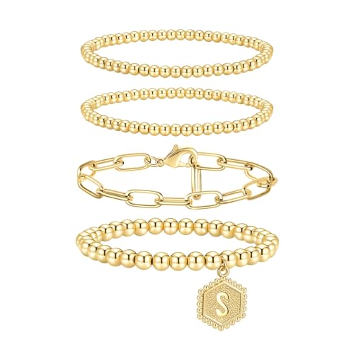 doubgood Gold Bracelets for Women, Stackable Initial Beaded Bracelet with Letter Pendant Stretch Trendy Stack Jewelry Set for Mother’s Day Valentines Gifts for Her