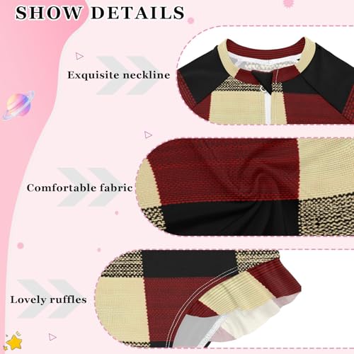 Girls One Piece Swimsuits Long Sleeve Swimsuit Zipper Bathing Suits Red Black Checkered Buffalo Plaid C3