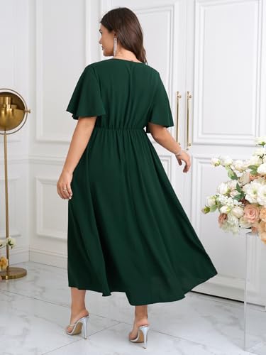 Image of SHESTARR Womens Plus Size Wrap V Neck Dress Short Flutter Sleeve Pleated Empire Waist Ruffle A Line Maxi Long Dresses