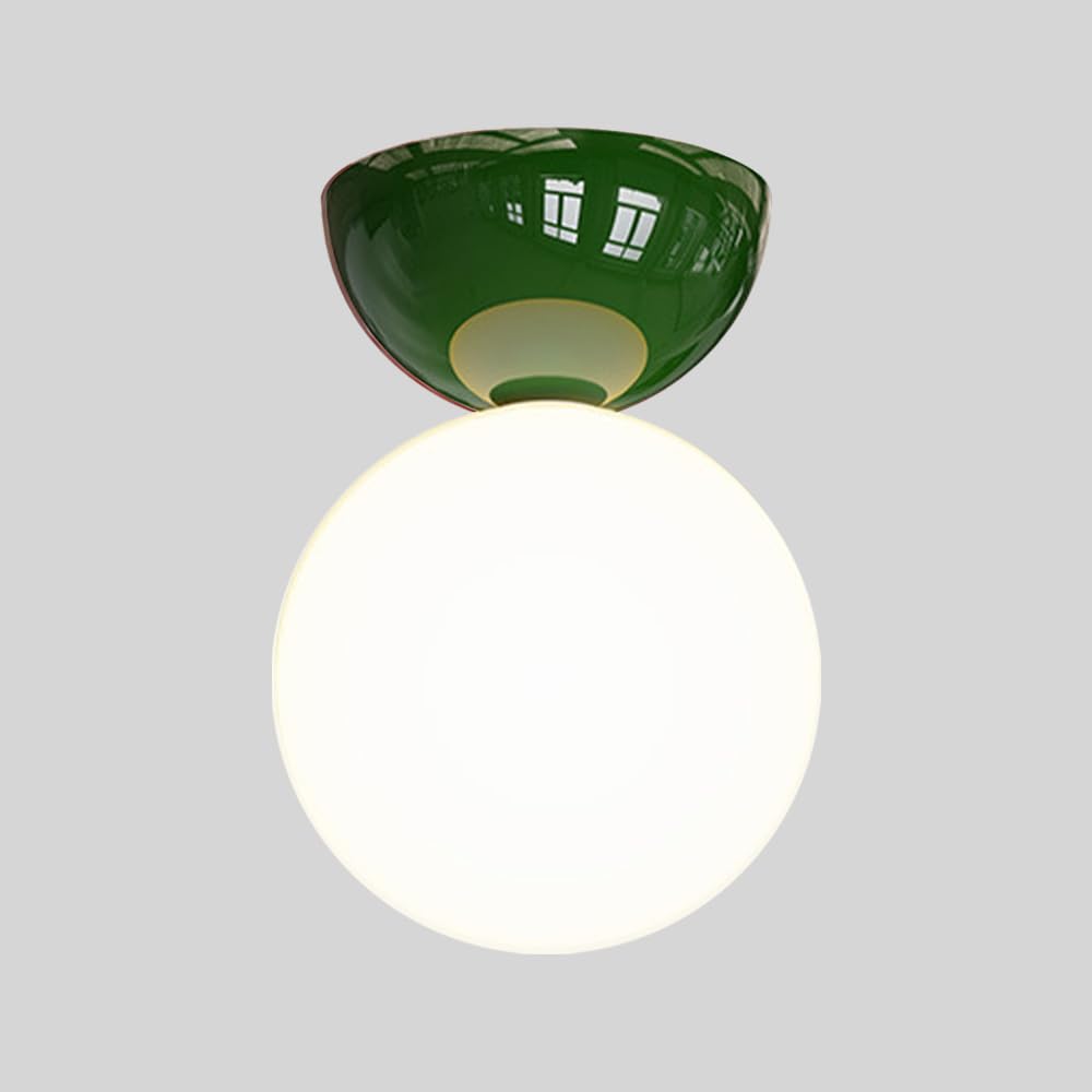 Lampe suspendue boule de verre blanc et métal vert, luminaire de couloir premium