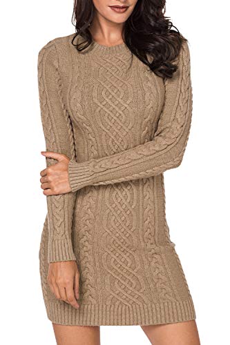 Viottiset - Jersey de punto para mujer, cuello redondo, manga larga, mini vestido de invierno beige L Cover