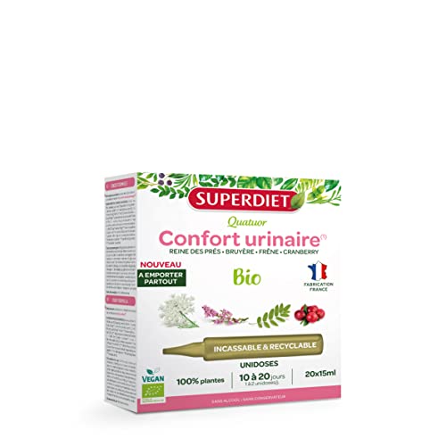 SUPERDIET- QUATUOR CONFORT URINAIRE BIO -Reine des prés, Bruyère, Frêne, Cranberry - Format nomade - 20 Unidoses de 15 ml