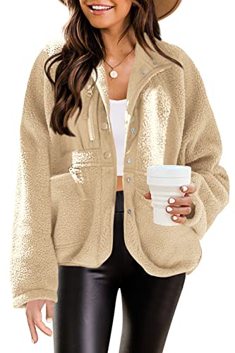 Senserise Womens Oversized Fuzzy Fleece Jacket Lapel Faux Fur Button Down Sherpa Outerwear Winter Coat(Khaki,Xl) #TOP9