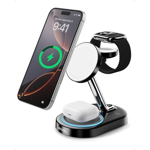 Charging Station for MagSafe Charger,Wireless Charging Station for iPhone MagSafe Charger,Intoval 3 in 1 Fast Magnetic Stand for iPhone 16/15/14/13 Apple Watch, Airpods. (Black)