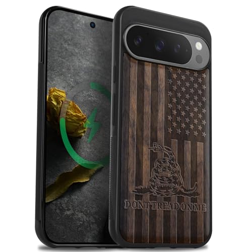 Carveit Magnetic Wooden Case for Google Pixel 9 Pro XL Case, Wood Artisan Engraved & Soft TPU Shockproof Cover, Compatible with MagSafe Wireless Chargers (Gadsden and American Flag) Walnut