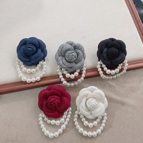 Image of Vintage Camellia Pearl Tassel Brooch Pin Bracelet Dainty Handmade Flower Beaded Tassel Brooch Red /Black /Pink /Grey /Blue /White Camellia Brooch Lapel Pins Wedding Party Birthday Christmas Jewelry for Women
