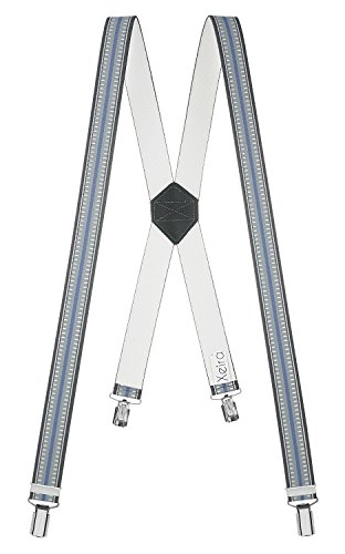 Xeira Hosenträger Grau Blau GST04 Standard Länge X Design für Herren und Damen mit 4 soliden Clips und Schwarzen Leder Cover