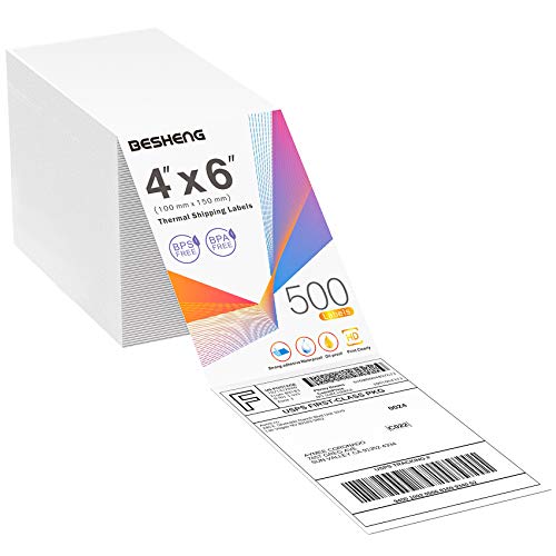 BESHENG 4x6 Thermal Labels, Thermal Direct Shipping Labels (Pack of 500 4x6 Fan-Fold Labels), Permanent Adhesive Waterproof Mailing Labels, Commercial Grade Thermal Shipping Labels
