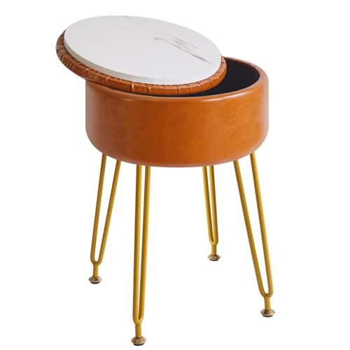 IBUYKE Faux Leather Round Footrest Stool with Storage Ottoman, Makeup Vanity Chair Side Table, PU Dressing Table Seat, Removable Cover, Golden Steel Legs, Light Brown WBD024J