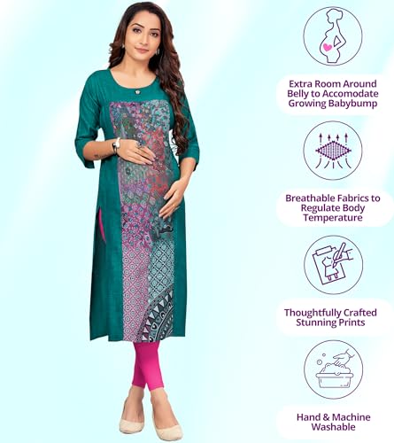 Image of RITIJYA Feeding Kurtis for Women with Zip in Cotton Rayon | Straight Maternity Pregnancy Dress for Nursing Mothers | Maternity Wear Feeding Dress Tops (S,Matchless Green,9071 36)