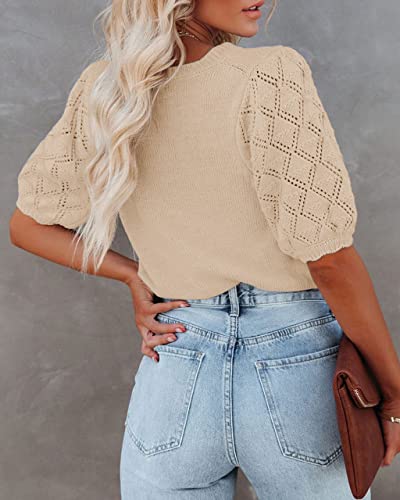 Womens Short Sleeve Sweaters Crewneck Knit Pullover Tops Casual Lightweight Crochet Blouse Shirt Apricot #TOP2