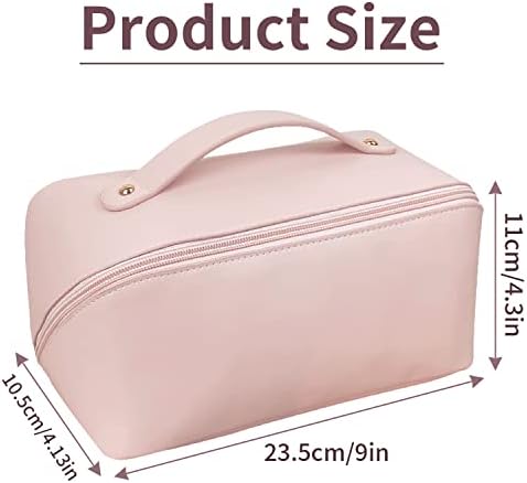 Large Capacity Travel Cosmetic Bag, Portable Cosmetic Bag Travel Makeup Bag Leather Cosmetic Travel Bag Waterproof Makeup Bag Toiletry Bags with Handle and Zipper (Pink)