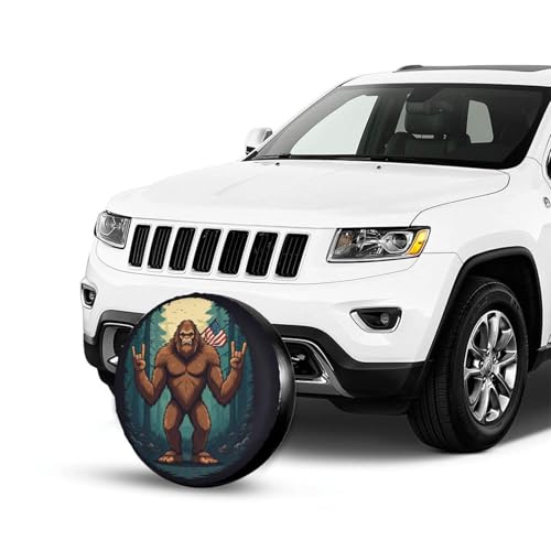 Image of Funny Bigfoot American Flag Spare Tire Cover with Unique Print, Weatherproof Wheel Covers Tire Protector, Universal Fit for Rv, Trailer, SUV, Camper Vehicle